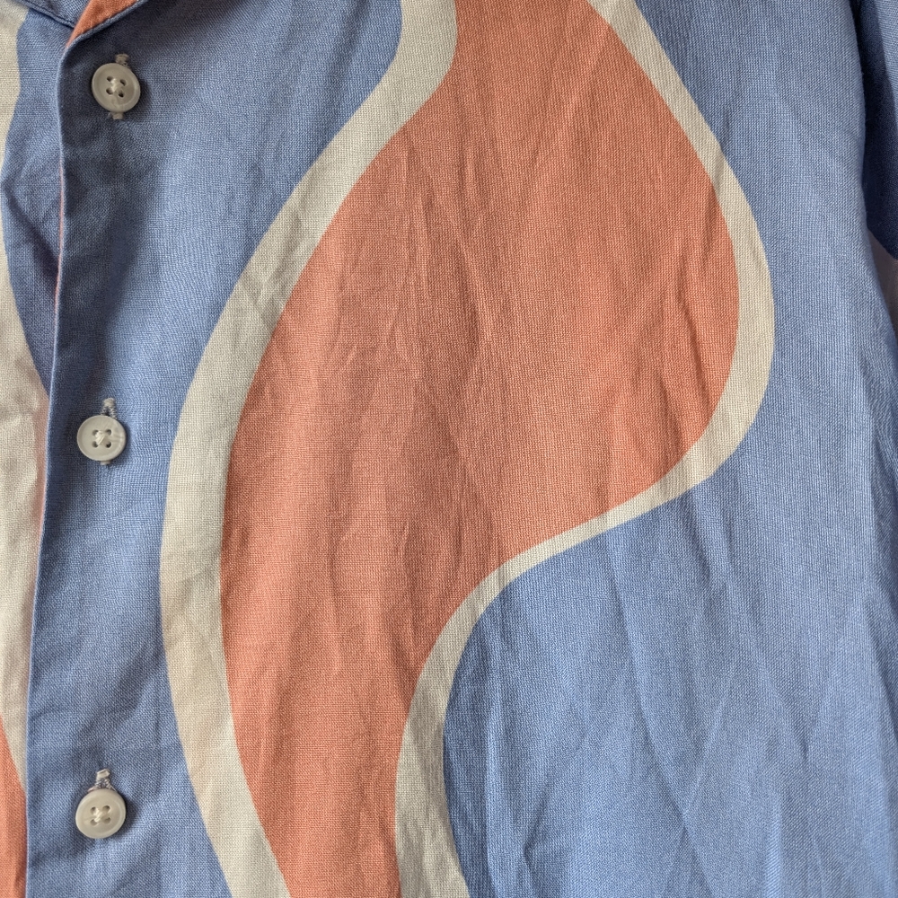 Primark Men's Shirt Button Down Short Sleeve Wave Graphic Blue Red Size Medium - Picture 2 of 4